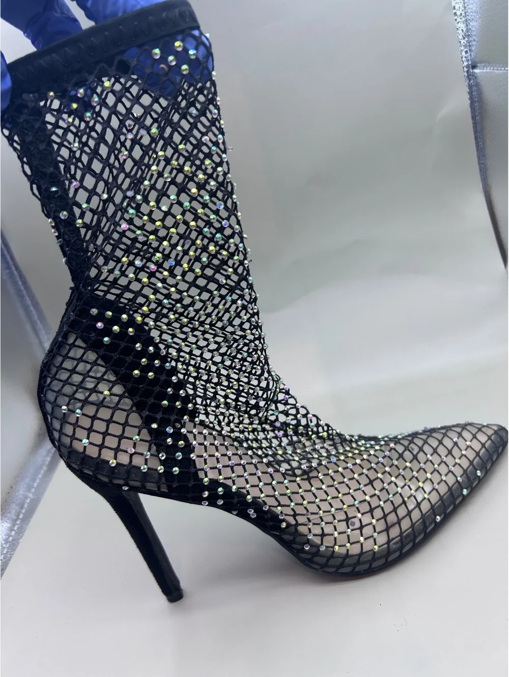 Black Rhinestone Mesh Ankle Boots Women's Size 8 Pointed Toe Stiletto Booties